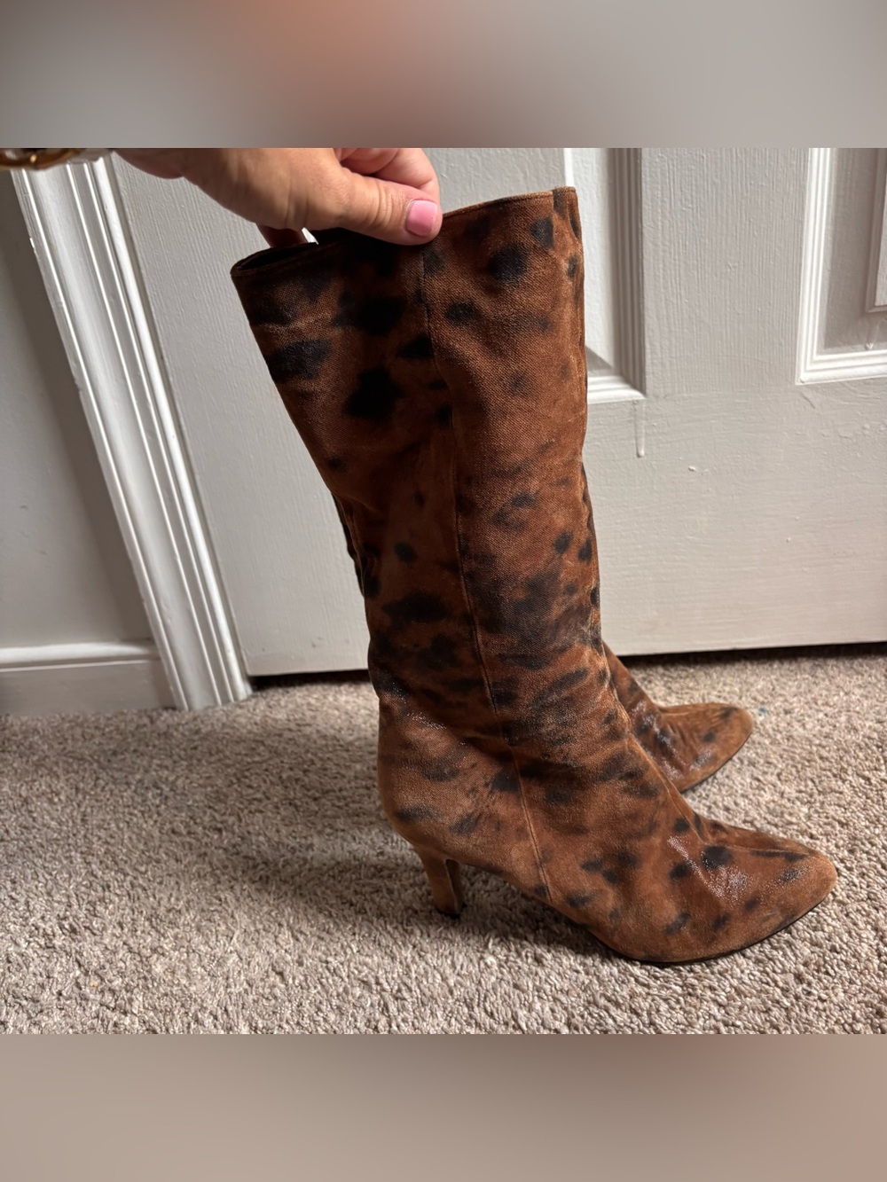 Van Eli Leather Knee High Boots Brown Black Animal Print Statement 7.5